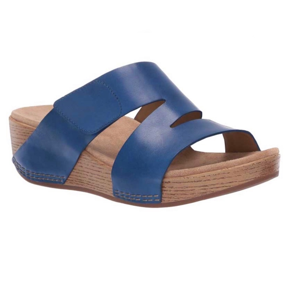 Dansko Lacee Platform Sandal Slide Shoe Cobalt Blue Burnished Leather Open Toe